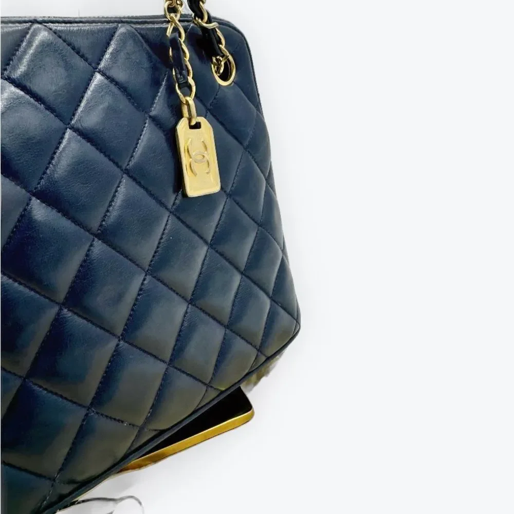 Auth Chanel Mademoiselle Navy Blue Polished Matelasse Quilted Shoulder Bag - Picture 4 of 16